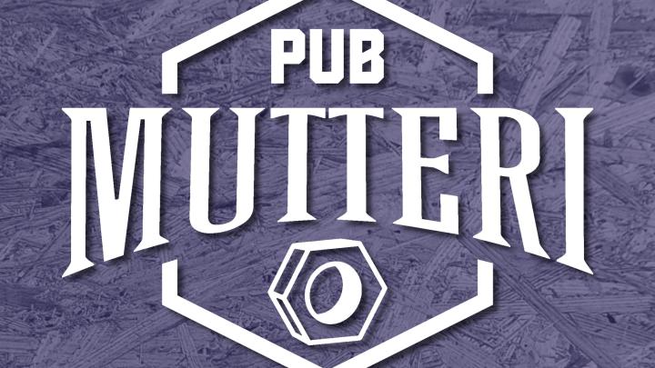 Violetilla taustalla valkoinen teksti Pub Mutteri